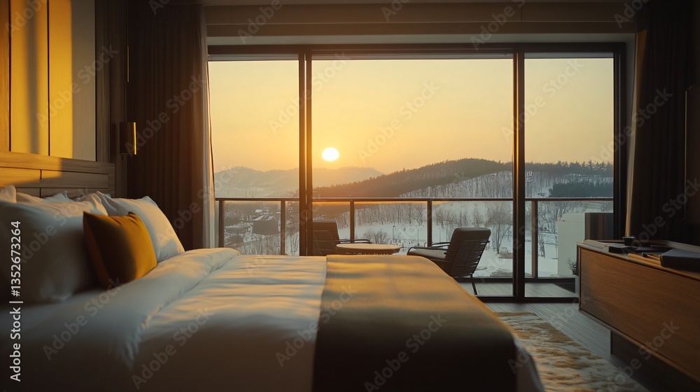 Fototapeta premium Hotel room bathed in the warm glow of a sunset, creating a peaceful and relaxing atmosphere. The room is illuminated by the soft orange and pink hues of the setting sun, offering a serene and tranquil