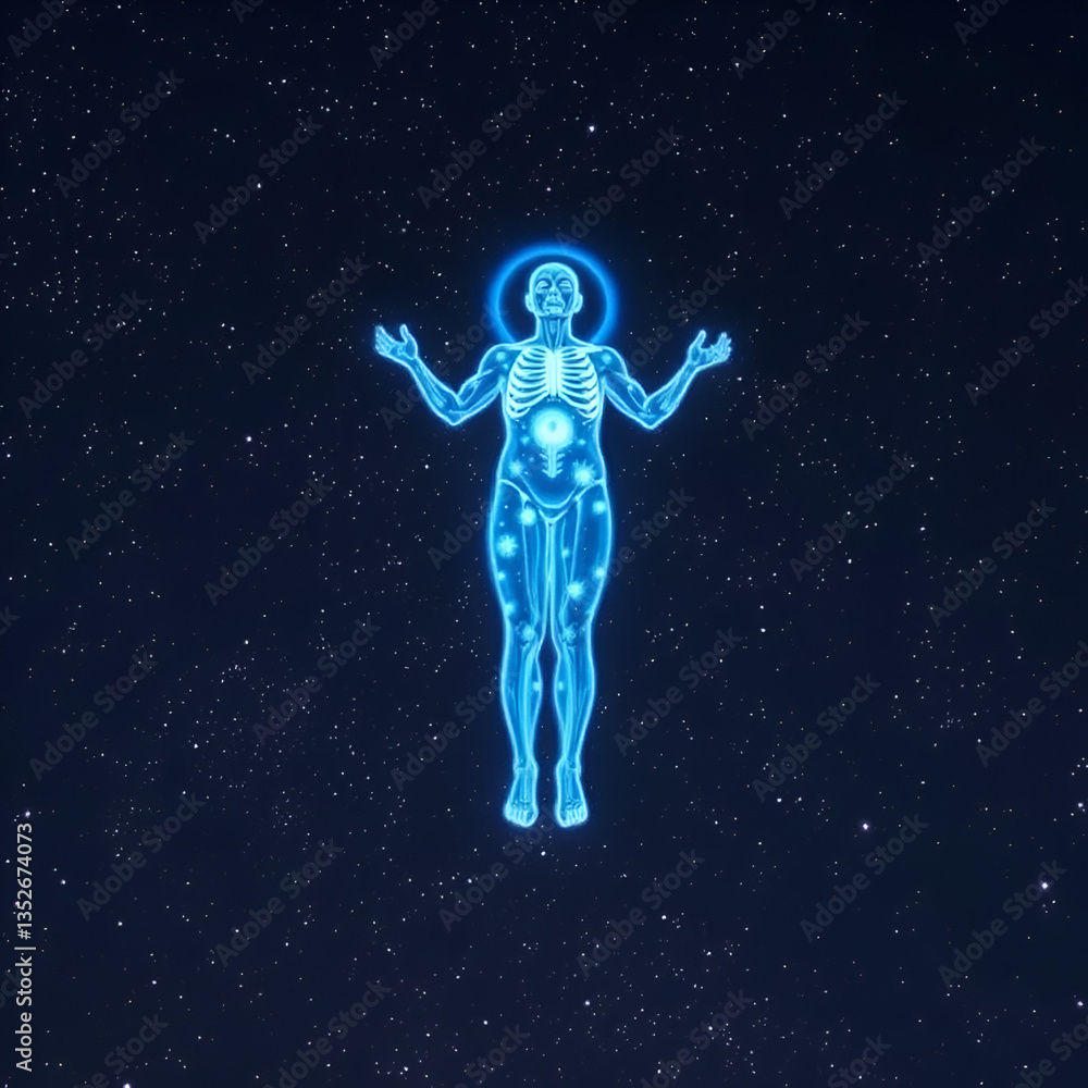 Fototapeta premium Astral projection of a human spirit against starry backdrop.