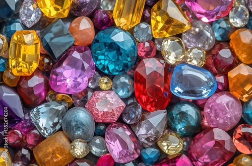 Colorful Display of Sparkling Gemstones in a Vibrant Arrangement Under Bright...