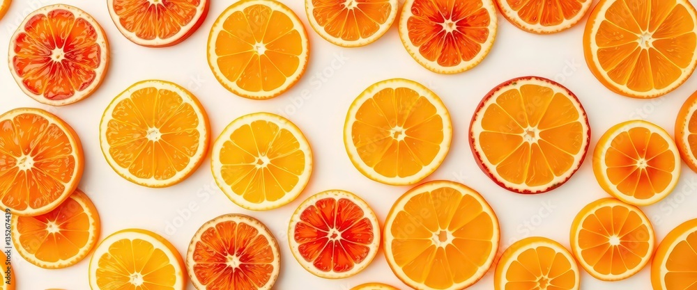 Vibrant citrus slices arranged in a repeating geometric pattern on a white background, pattern, white background Vibrant citrus slices arranged in a repeating geometric pattern on a white background, pattern, white background