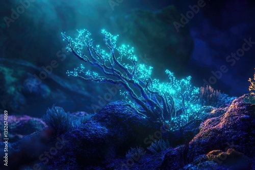 Glowing bioluminescent underwater tree-like plant on a dark ocean floor.