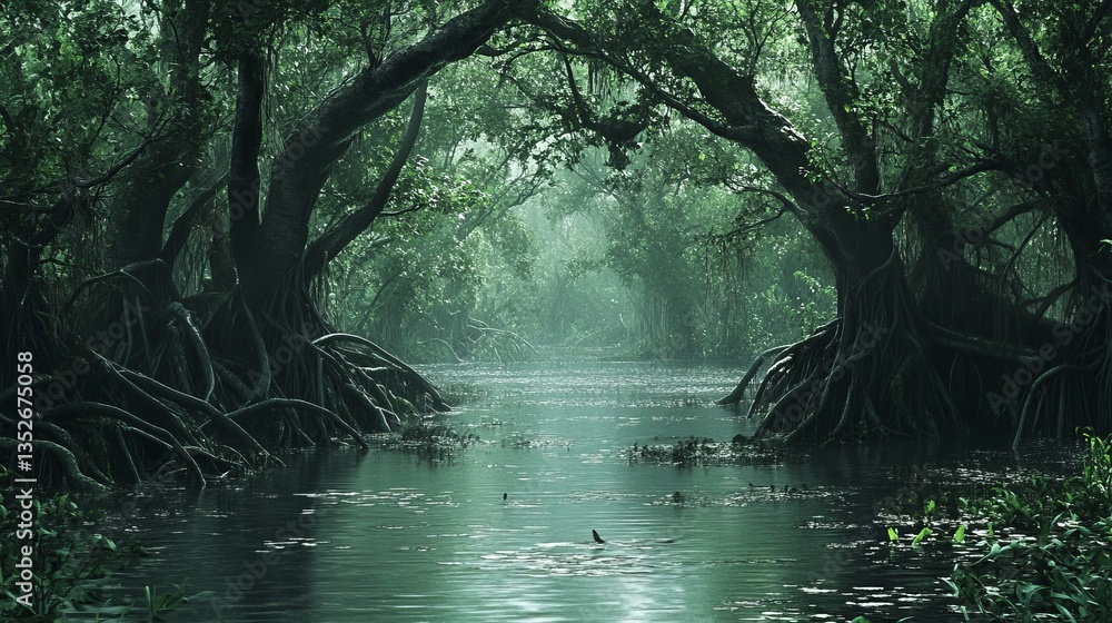 A dense mangrove forest, with roots twisting out of the water and small wildlife visible. 