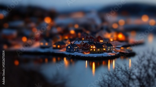 Miniature townscape with lights reflecting in calm waters during twilight