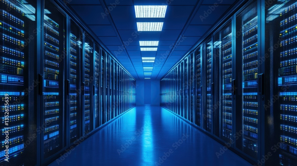 Illuminated corridor in a high-tech data center with rows of black server cabinets and glowing blue lights, ideal for representing digital storage, cloud, and cybersecurity Illuminated corridor in a high-tech data center with rows of black server cabinets and glowing blue lights, ideal for representing digital storage, cloud, and cybersecurity