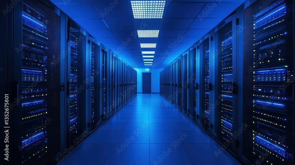 High-tech data center corridor with glowing blue lights and black server cabinets, representing secure digital infrastructure, cloud technology, and network storage systems High-tech data center corridor with glowing blue lights and black server cabinets, representing secure digital infrastructure, cloud technology, and network storage systems