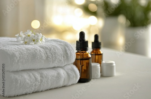 Relaxing Spa Setup With Essential Oils and Towels in a Calming Atmosphere