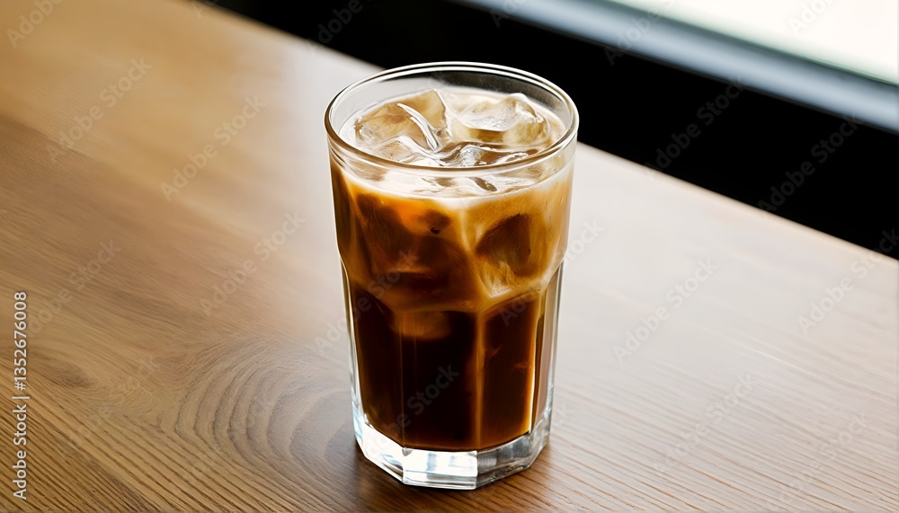 A glass of iced coffee sits on a wooden table next to another glass. A glass of iced coffee sits on a wooden table next to another glass.