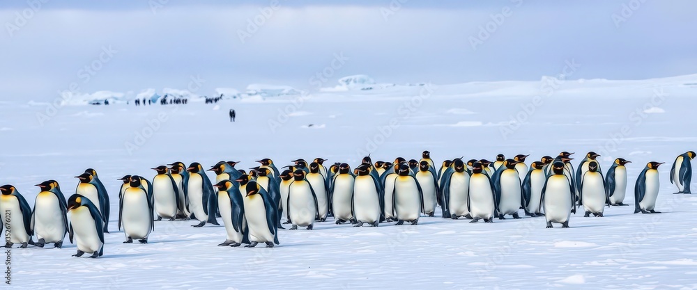 Obraz premium A colony of penguins waddles across a vast, icy landscape, frozen, Arctic