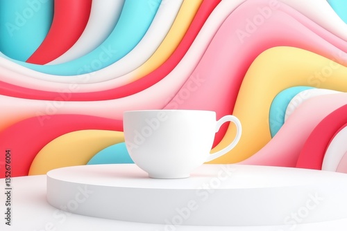 A white mug rests on a podium against a colorful background