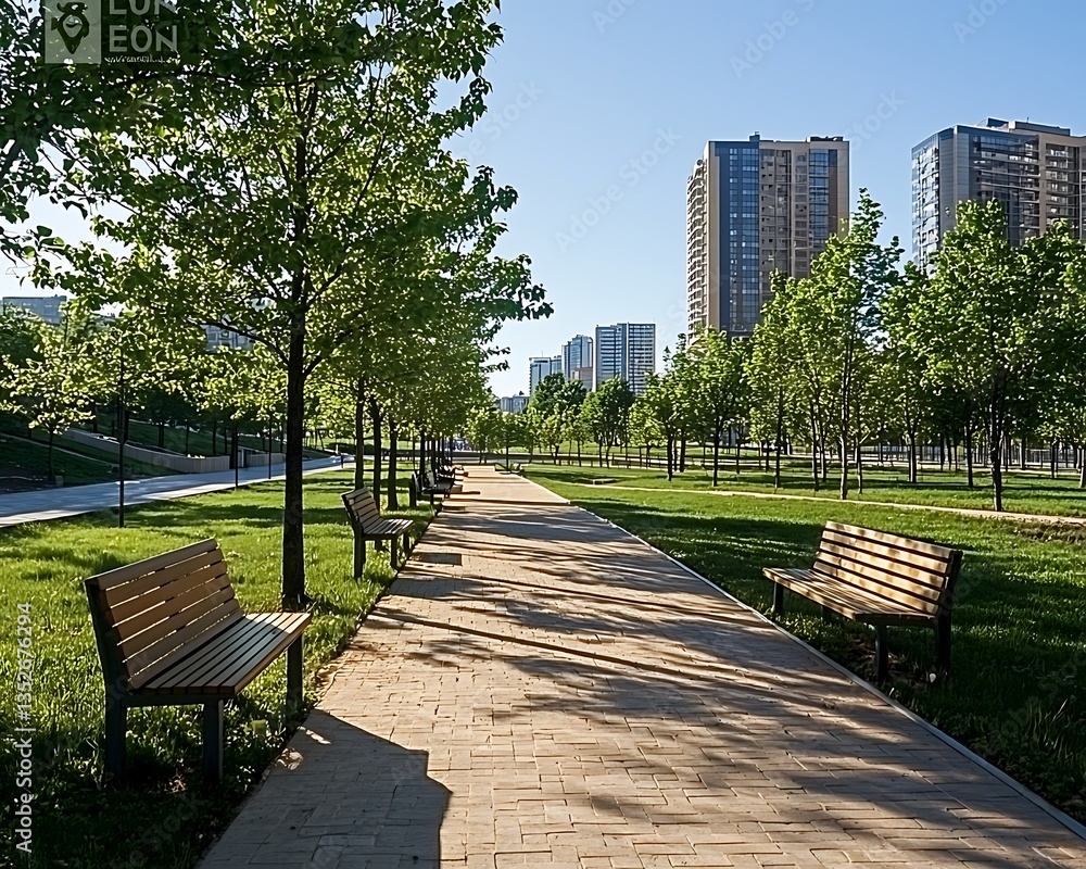 Tranquil Urban Park Walkway with Benches and Modern Buildings