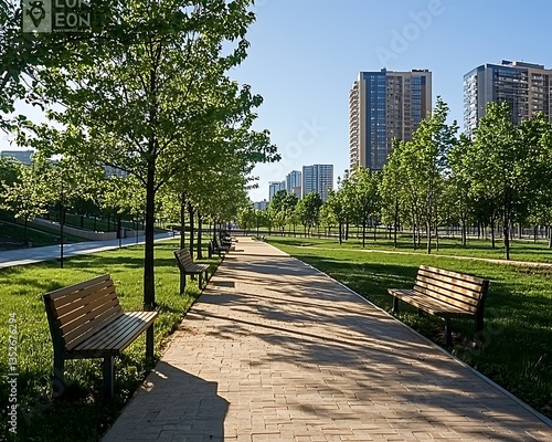 Obraz na płótnie Tranquil Urban Park Walkway with Benches and Modern Buildings w salonie