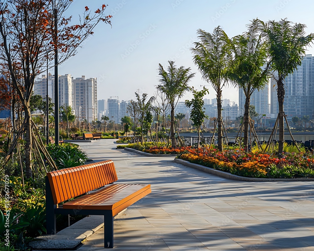 Tranquil Urban Park with Modern Bench and Cityscape View