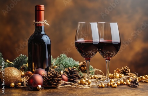 Holiday Celebration With Red Wine and Festive Decorations on a Wooden Table