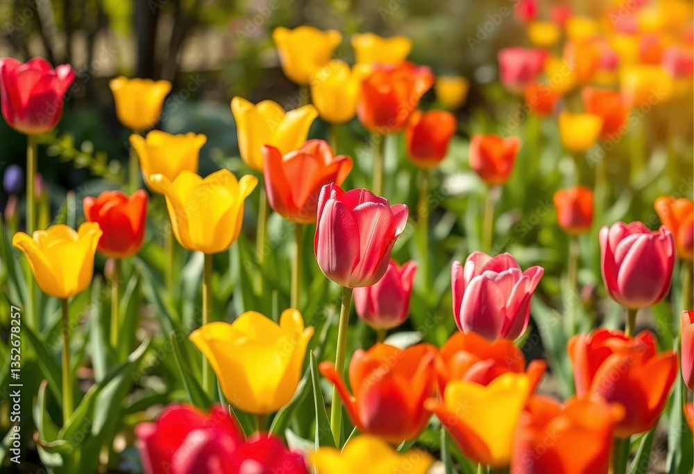 Vibrant tulips blooming in a sunny spring garden, sunlight, sunshine Vibrant tulips blooming in a sunny spring garden, sunlight, sunshine