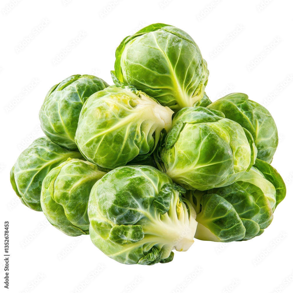 Fototapeta premium Fresh Brussels sprouts arranged on a white background, showcasing their vibrant green color and texture, Group of Brussel Sprouts isolated on white background