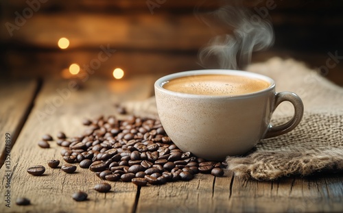 Warm Cup of Coffee With Steam Rising on Rustic Wooden Table With Coffee Beans