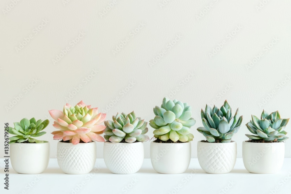Six succulents in white pots arranged in a row against a light background. Six succulents in white pots arranged in a row against a light background.