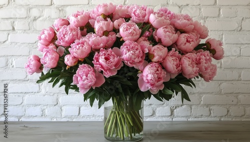 Bright Pink Peonies in a Glass Vase on a Rustic Wooden Table Against a Brick ...