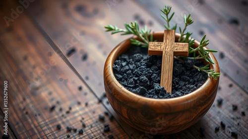 Ash Wednesday: Remember that you are dust, and to dust you shall return. Ash Wednesday: ashes in a wooden bowl with greenery and a cross, symbolizing mortality and repentance