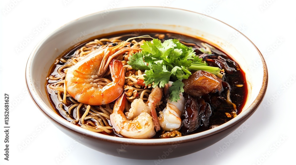 Shrimp Noodle Bowl with Dark Sauce Garnished with Cilantro and Pork Shrimp Noodle Bowl with Dark Sauce Garnished with Cilantro and Pork