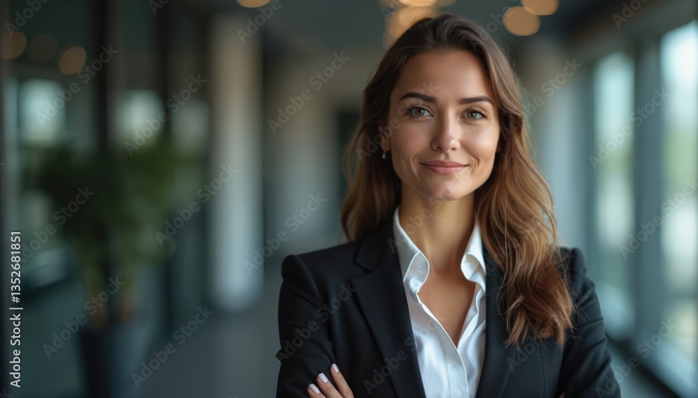 Portrait of a smiling businesswoman with crossed arms. Confident female executive wearing suit stands in office. Successful, pro person, corporate ceo, manager, recruitment lady. Portrait of a smiling businesswoman with crossed arms. Confident female executive wearing suit stands in office. Successful, pro person, corporate ceo, manager, recruitment lady.