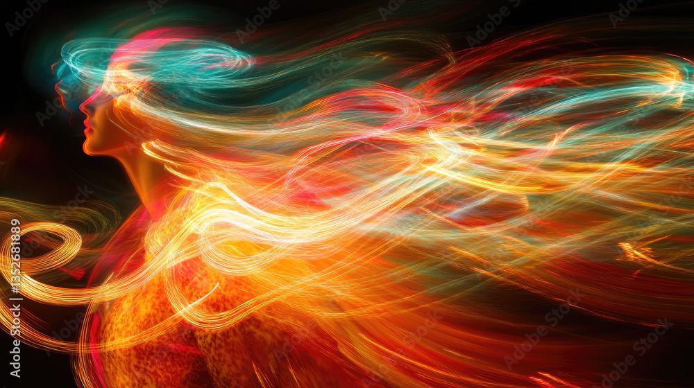 Fototapeta premium Vibrant light trails and motion blur creating colorful abstract background with dynamic energy flow, futuristic glowing lines and copy space banner for creative themes