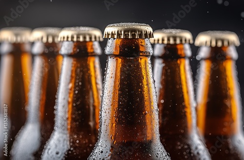 Craft Beers Lined up With Water Droplets on the Bottles in a Dark Background