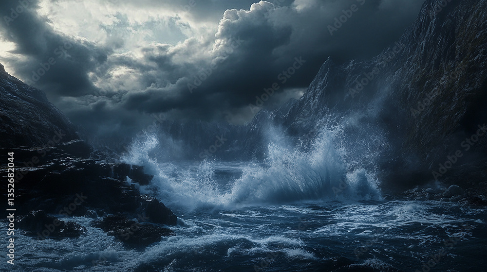 Obraz premium Powerful waves crash against a dark, rocky shore under a stormy sky.