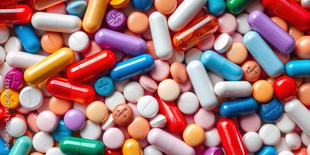 Close-up of assorted pills and capsules, various colors and sizes, supplement, drug development Close-up of assorted pills and capsules, various colors and sizes, supplement, drug development