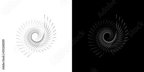 Dynamic abstract spiral sound wave rhythm lines. Circular spiral sound wave rhythm of lines. Circular futuristic abstract lines, black and white background.	
