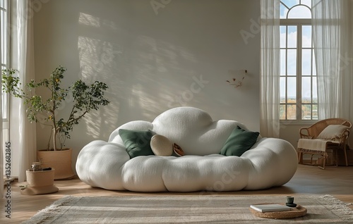 Stylish Modern Living Room With a Unique White Sofa and Green Accents in Cozy...