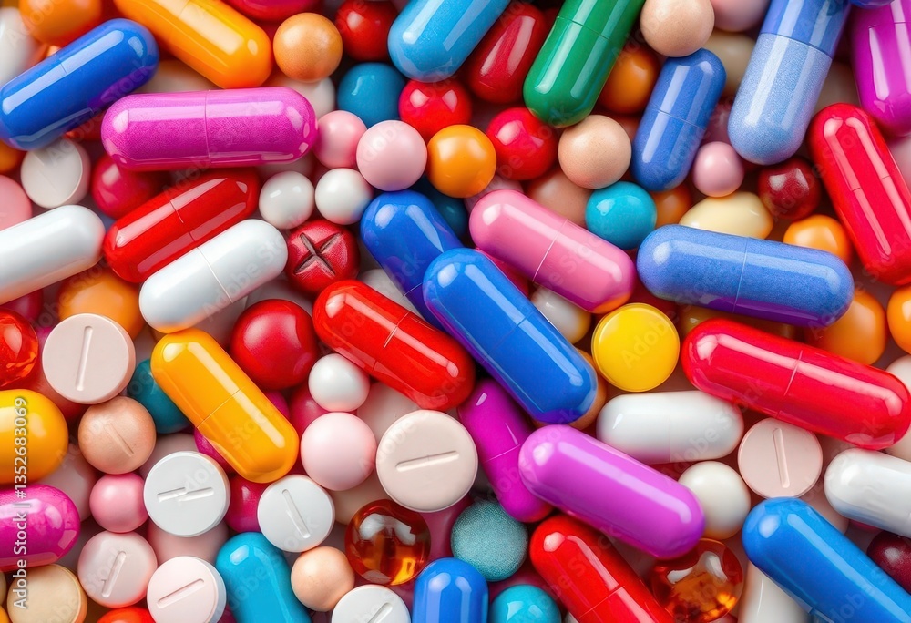 Close-up of diverse pills and capsules, various colors and sizes, medicine background, colorful pills Close-up of diverse pills and capsules, various colors and sizes, medicine background, colorful pills