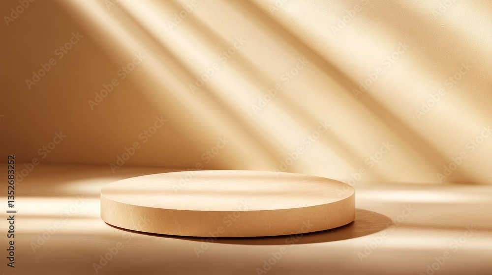 Minimalist display platform with soft shadows in a serene, warm-toned interior setting Minimalist display platform with soft shadows in a serene, warm-toned interior setting