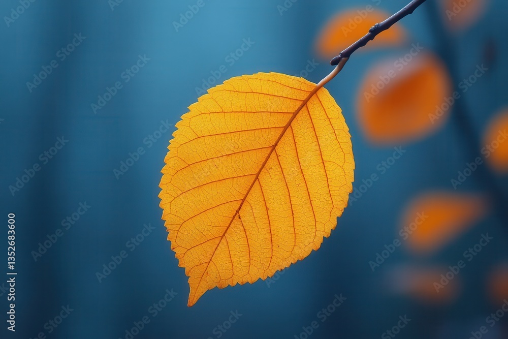 Obraz premium Vibrant orange leaf hanging from branch against a soft blue background in early autumn setting