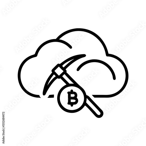 Cloud mining icon with bitcoin symbol and pickaxe in cloud