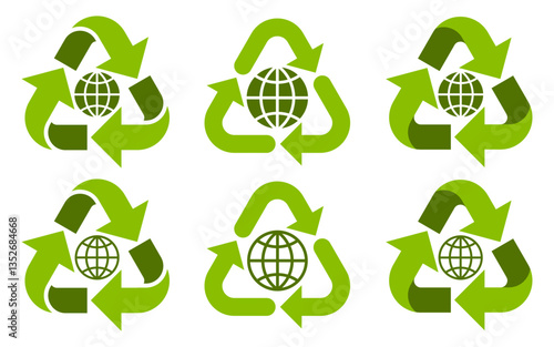 Green recycling symbol with globe, eco-friendly icon set for sustainability, waste management, and environmental protection. Ideal for ecology, conservation, and green energy projects
