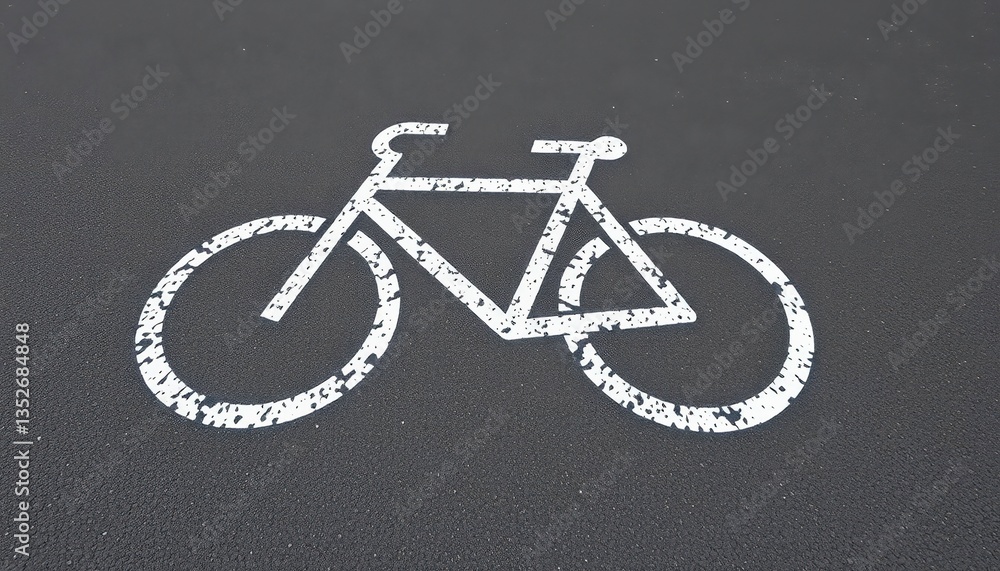 A stark white bicycle symbol painted on dark gray asphalt, street, sign A stark white bicycle symbol painted on dark gray asphalt, street, sign