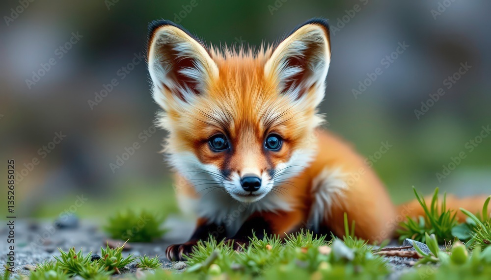 Obraz premium A tiny fox kit with fluffy fur, big ears, and curious eyes, sweet, closeup