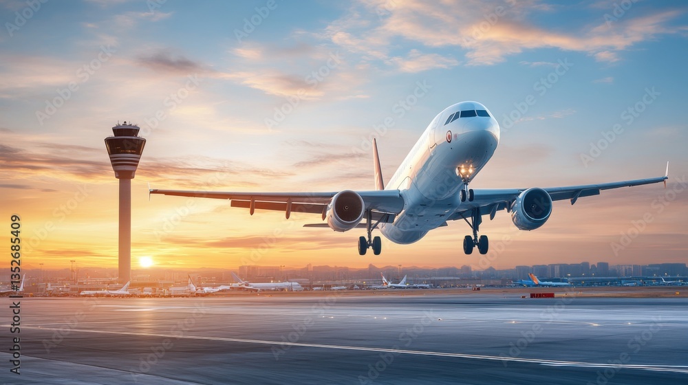 Obraz premium Airplane Taking Off at Sunrise with Control Tower in Background Overlooking Runway and Scenic Sky