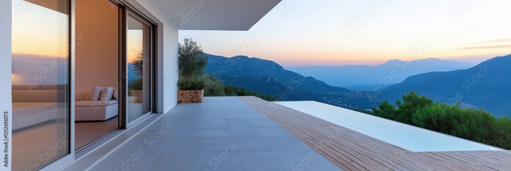 Fototapeta premium A large house with a pool and a balcony overlooking a mountain. The house is white and has a modern design