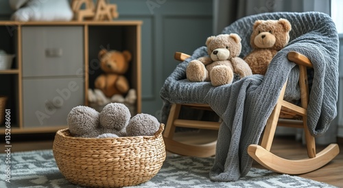 Cozy Nursery Corner Featuring Plush Bears and a Rocking Chair With Warm Decor...