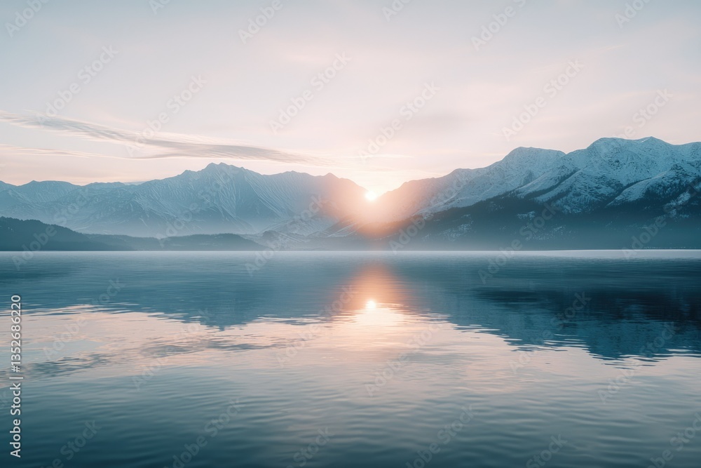 Serene sunrise over snow-capped mountains reflected in a calm lake. Serene sunrise over snow-capped mountains reflected in a calm lake.