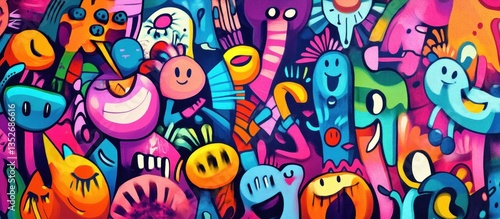 A vibrant street art mural comes alive with bright colors and bold shapes, expressing the artist's creativity. Text and graffiti elements blend seamlessly, forming a colorful and dynamic  