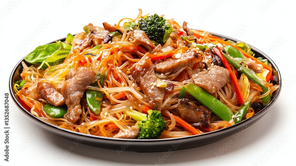 Stir Fried Noodles with Beef and Vegetables on a Black Plate Stir Fried Noodles with Beef and Vegetables on a Black Plate