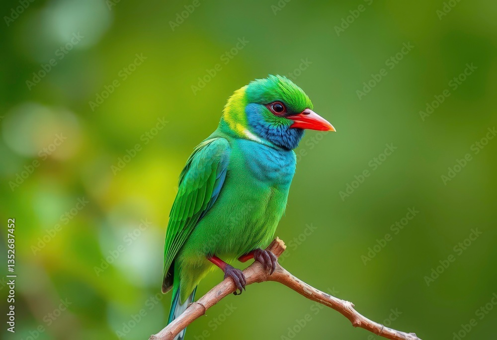 Naklejka premium Emerald green bird with vibrant plumage, perched on a branch, avian, nature photography