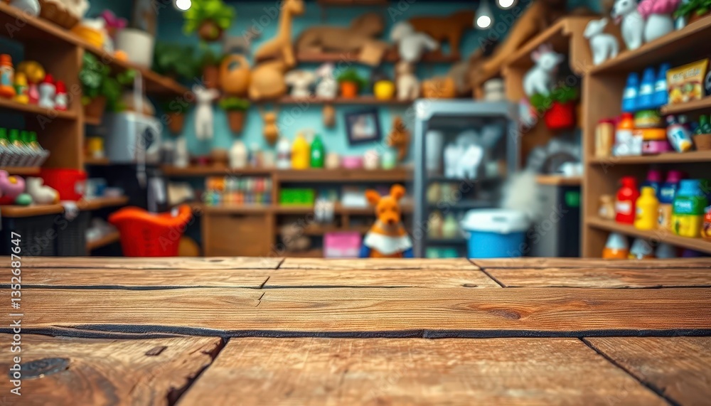 Empty rustic wooden tabletop; blurred pet shop background, business, background Empty rustic wooden tabletop; blurred pet shop background, business, background