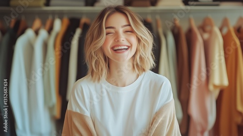 Smiling Woman in Casual White Shirt Poses Confidently in a Boutique Full of C...