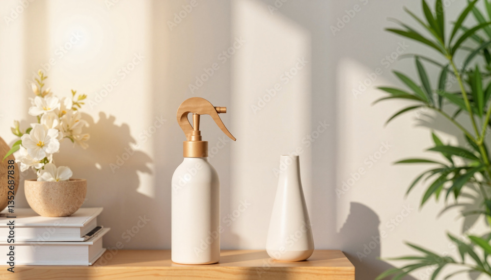 Sleek air freshener spray on wooden shelf in minimalist living room, elegance Sleek air freshener spray on wooden shelf in minimalist living room, elegance