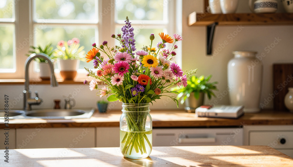 Wildflower bouquet in mason jar on rustic kitchen countertop, natural beauty Wildflower bouquet in mason jar on rustic kitchen countertop, natural beauty