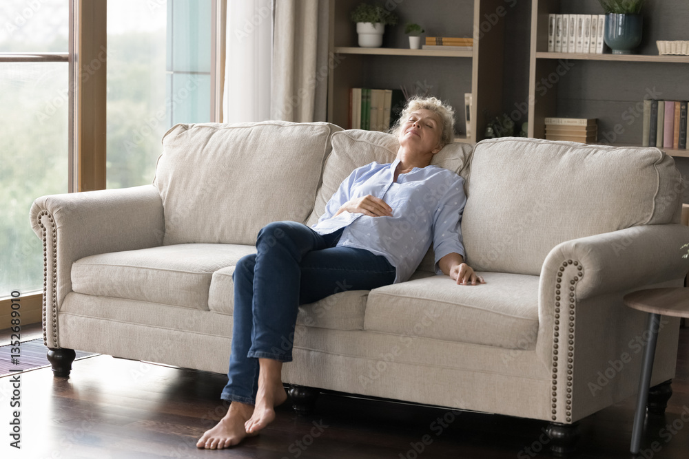 Serenity in solitude. Tranquil older age lady retiree recline on cozy sofa with closed eyes enjoy moment of relax breathing deep lost in peaceful daydreams sleeping napping dreaming in comfort of home Serenity in solitude. Tranquil older age lady retiree recline on cozy sofa with closed eyes enjoy moment of relax breathing deep lost in peaceful daydreams sleeping napping dreaming in comfort of home